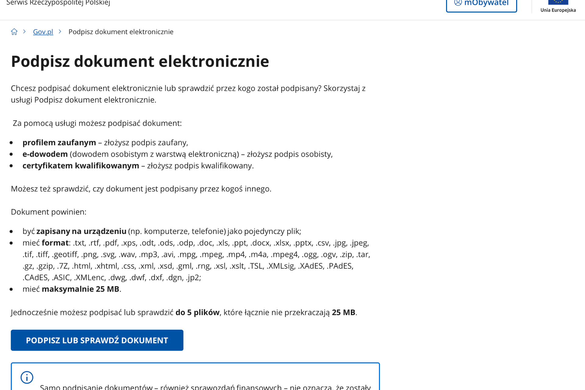 Страница gov.pl — информация об услуге подписания